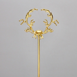 Golden Iron Hair Stick Findings, with Alloy Cabochons Setting, Antler, Golden, Tray: 10mm, 158x55x11mm