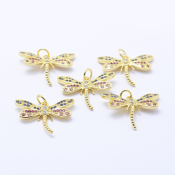 Golden Brass Micro Pave Cubic Zirconia Pendants, Dragonfly, Lead Free & Nickel Free & Cadmium Free, Colorful, Golden, 16.5x22x3mm, Hole: 3mm