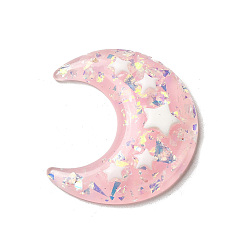 Pink Translucent Resin Cabochons, Moon with Star Paillette, Pink, 36x32.5x6mm