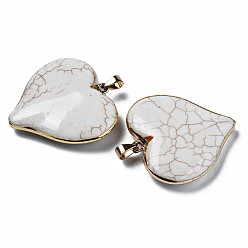 Antique White Synthetic Turquoise Pendants, with Golden Plated Brass Edge and Loop, Rack Plating, Heart, Antique White, 44x44x10.5mm, Hole: 4x7.5mm