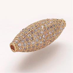 Golden Brass Micro Pave Cubic Zirconia Beads, Rice, Clear, Golden, 28x11mm, Hole: 2mm