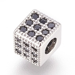 Real Platinum Plated Brass Micro Pave Cubic Zirconia Beads, Cube, Black, Real Platinum Plated, 5x5.5x5.5mm, Hole: 2.5mm