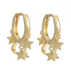 Real 18K Gold Plated Brass Huggie Hoop Earrings, Long-Lasting Plated, Star and Moon, Real 18K Gold Plated, 18.5mm, Pin: 0.9mm