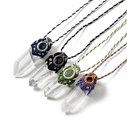 Mixed Stone Bullet Natural Quartz Crystal Pendant Necklaces for Women, Wax Cord Braided Gemstone Necklace, 29.13 inch(74cm)