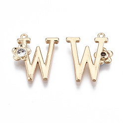 Letter W Brass Pendants, with Rhinestones, Alphabet, Golden, Letter.W, 18x14x2.5mm, Hole: 1mm