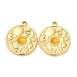 Yellow Agate Ion Plating(IP) 316 Stainless Steel Flat Round Pendants, Natural Yellow Agate Flower Charms, Real 24K Gold Plated, 23x20x4mm, Hole: 1.8mm