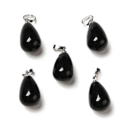 Obsidiana Colgantes naturales de obsidiana, con fornituras de latón de tono platino, encanto de lágrima, 20~21x11~12 mm, agujero: 6x3.5 mm
