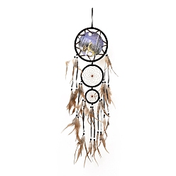 Loup Web / filet tissé en ABS de style indien avec des décorations de pendentifs en plumes, avec des billes de bois et d'abs, recouvert de villosités et cordon de coton, plat rond, motif de loup, 730~743mm