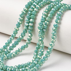 Aquamarine Electroplate Opaque Glass Beads Strands, Full Rainbow Plated, Faceted, Rondelle, Aquamarine, 8x6mm, Hole: 1mm, about 65~68pcs/strand, 15.7~16.1 inch(40~41cm)