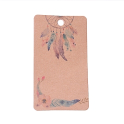 BurlyWood Cardboard Earring Display Cards, Rectangle with Woven Net/Web & Feather  Pattern, BurlyWood, 9x5x0.04cm, Hole: 1.5mm