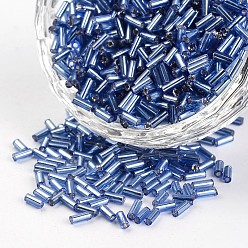 Cornflower Blue Silver Lined Round Hole Glass Bugle Beads, Cornflower Blue, 3~5x1.8~2mm, Hole: 0.8mm, about 12000pcs/450g