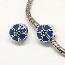 Королевский синий Сплав эмали цветок стиль большое отверстие европейские шарики, античное серебро, королевский синий, 10x11 мм, отверстие : 4 мм