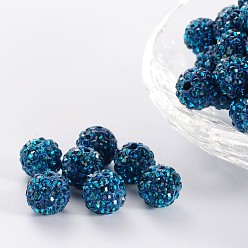 Zircon Bleu Perles de boule pave disco , Perles de strass d'argile polymère , ronde, zircon bleu, pp 13 (1.9~2 mm), 6 rangées de strass, 10 mm, Trou: 1.5mm