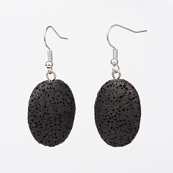Lava Rock Dyed Oval Synthetic Lava Rock Gemstone Dangle Earrings, with Platinum Plated Brass Ear Hooks, Black, 46mm, Pin: 0.8mm