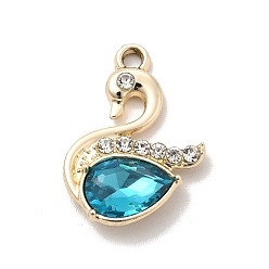 Deep Sky Blue UV Plating Alloy Pendants, with Crystal Rhinestone and Glass, Golden, Swan Charms, Deep Sky Blue, 21.5x15x4.5mm, Hole: 2mm
