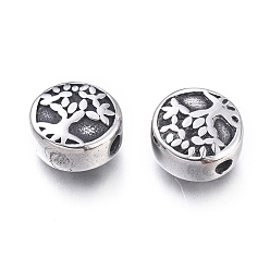 Antique Silver 304 Stainless Steel Beads, Flat Round with Tree of Life, Antique Silver, 10x5.5mm, Hole: 1.8mm