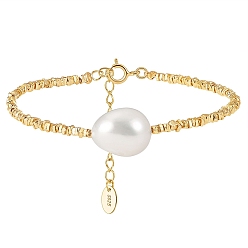 Chapado en Oro Real de 14K Pulseras de eslabones de perlas naturales de agua dulce, con 925 pulseras de cadena con cuentas de plata de ley para mujer, con sello s925, real 14 k chapado en oro, 6-3/4 pulgada (17 cm)