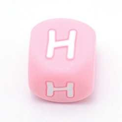 Letter H Силиконовые бусины с алфавитом для изготовления браслетов или ожерелий, стиль письма, розовый куб, letter.h, 12x12x12 мм, отверстие : 3 мм