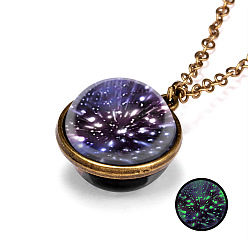 Indigo Luminous Glass Planet Pendant Necklace with Antique Golden Alloy Chains, Indigo, 19.69 inch(50cm)