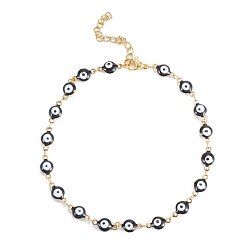 Golden 304 Stainless Steel Anklets, with Enamel and Lobster Claw Clasps, Evil Eye, Black, Golden, 9-5/8 inch(24.5cm).