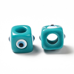Turquoise Foncé Mauvais œil en résine perles européennes, perle avec trou grande, cube, turquoise foncé, 12.5x14~14.5x14~14.5mm, Trou: 6mm