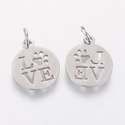 Stainless Steel Color 304 Stainless Steel Pendants, Flat Round with Word Love, Stainless Steel Color, 14x12x1mm, Hole: 3mm