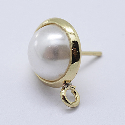 Golden Brass Stud Earring Findings, with Loop, Acrylic Pearl, Golden, 16x12mm, Hole: 2mm, Pin: 0.8mm