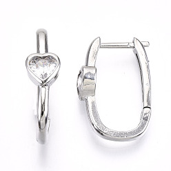 Platinum Brass Micro Pave Clear Cubic Zirconia Huggie Hoop Earring, Nickel Free, Oval with Heart, Platinum, 21.5x6.5x14mm, Pin: 1.2mm