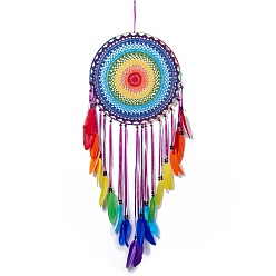 Colorful Native Style Iron Ring Woven Net/Web with Feather Wall Hanging Decoration, with Wooden Beads & Satin/Cotton Thread, for Home Offices Amulet Ornament, Colorful, 1170x405mm, Pendant: 1020mm long