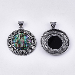 Antique Silver Abalone Shell/Paua Shell Pendants, with Resin Bottom and Alloy Findings, Flat Round, Antique Silver, 42.5x38x4.5mm, Hole: 8x6mm