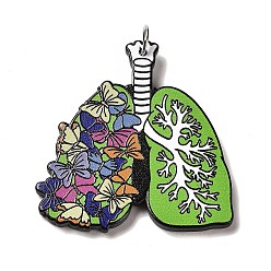 Lime Green Perfect Printed Acrylic Pendants, with Iron Jump Ring, Lung Charms, Butterfly, Lime Green, 40x38x2.5mm, Hole: 5mm