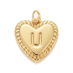 Letter U Rack Plating Real 18K Gold Plated Brass Pendants, with Jump Rings, Long-Lasting Plated, Lead Free & Cadmium Free & Nickel Free, Heart with Letter A~Z, Letter.U, 16x15x2.5mm, Jump Ring: 5x0.5mm, 3mm Inner Diameter
