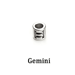 Gemini Antique Silver Plated Alloy European Beads, Large Hole Beads, Column with Twelve Constellations, Gemini, 7.5x7.5mm, Hole: 4mm, 60pcs/bag