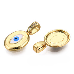 White Brass Micro Pave Clear Cubic Zirconia Pendants, with Enamel, Nickel Free, Oval with Evil Eye, Real 18K Gold Plated, White, 20x14x2.5mm, Hole: 3x6mm