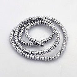 Platinum Plated Electroplate Non-magnetic Synthetic Hematite Beads Strands, Faceted Rondelle, Platinum Plated, 4x2mm, Hole: 1mm, about 188pcs/strand, 15.7 inch