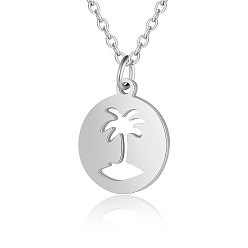 Stainless Steel Color 201 Stainless Steel Pendant Necklaces, with Cable Chains, Flat Round with Coconut Palm, Stainless Steel Color, 15.7 inch(40cm), 1.5mm, Flat Round: 16x13.5x1mm