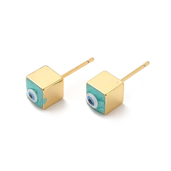 Turquoise Long-Lasting Plated Cube with Enamel Evil Eye Stud Earring, Real 18K Gold Plated Brass Jewelry for Women, Turquoise, 6x6mm, Pin: 0.8mm