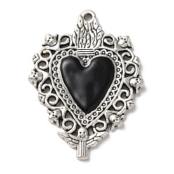 Corazón Colgantes de la aleación, con esmalte negro, plata antigua, corazón, 41x29.5x2 mm, agujero: 1.6 mm