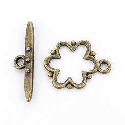 Antique Bronze Alloy Toggle Clasps, Nickel Free, Lead Free and Cadmium Free, Antique Bronze, Flower: 19x15x1.5mm, hole: 2mm. Bar: 24x6x4mm, hole: 2mm.
