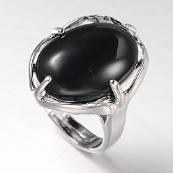 Black Agate Adjustable Oval Gemstone Wide Band Rings, with Platinum Tone Brass Findings, US Size 7 1/4(17.5mm)