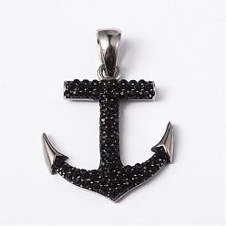 Jet 316 Surgical Stainless Steel Rhinestone Pendants, Anchor, Jet, 34.5x30x4mm, Hole: 10x5mm