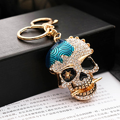 Dark Turquoise Alloy Rhinestone Pendant Keychain, with Alloy Key Rings and Lobster Claw Clasps, Long-Lasting Plated, Skull, Dark Turquoise, Pendant: 6x4.5cm