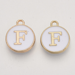 Letter F Golden Plated Enamel Alloy Charms, Enamelled Sequins, Flat Round, White, Letter.F, 14x12x2mm, Hole: 1.5mm, 100pcs/Box