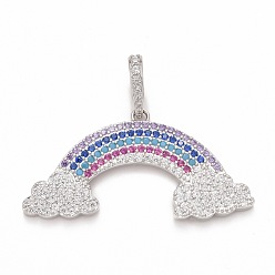 Real Platinum Plated Rack Plating Brass Micro Pave Colorful Cubic Zirconia Pendants, Cadmium Free & Nickel Free & Lead Free, Long-Lasting Plated, with Clasp, Rainbow, Real Platinum Plated, 18.5x36x2.5mm, Hole: 7x4mm