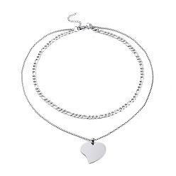 Stainless Steel Color 304 Stainless Steel Double Layer Necklaces, with Figaro Chains & Box Chains, Heart, Stainless Steel Color, 17.72 inch(45cm)