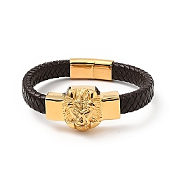 Golden 304 Stainless Steel Lion Beaded Bracelet, PU Imitation Leather Braided Gothic Bracelet for Men Women, Golden, 8-3/4 inch(22.1cm)