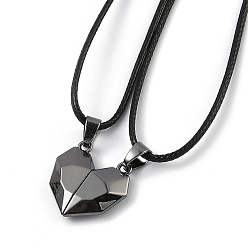 Gunmetal Valentine's Day Jewelry, Alloy Pendant Magnetic Couples Necklace Sets, with Imitation Leather Cords, Faceted Split Heart, Gunmetal, 22.83~23.62 inch(58~60cm), 2pcs/set