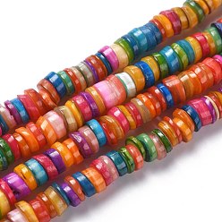 Разноцветный Естественных пресноводных оболочки бисер нитей, окрашенные, Heishi бусы, Плоский круглый / диск, красочный, 5~7x1.5~2.5 мм, отверстие : 1.2 мм, около 200 шт / нитка, 15.75'' (40 см)