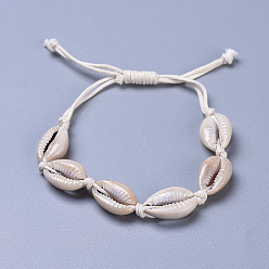 Verge D'or Pâle Bracelets de perle tressés en coquille de cauris réglables, avec des cordons de coton ciré, verge d'or pale, 10-1/2 pouce (26.6 cm)