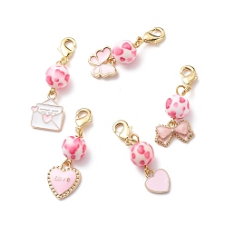 Pink Valentine's Day Alloy Enamel Pendant Decorations Sets, Clip-on Charms, with Spray Painted Resin Beads & Brass Lobster Claw Clasps, for Keychain, Purse Ornament, Pink, 38.5~45mm, 5pcs/set